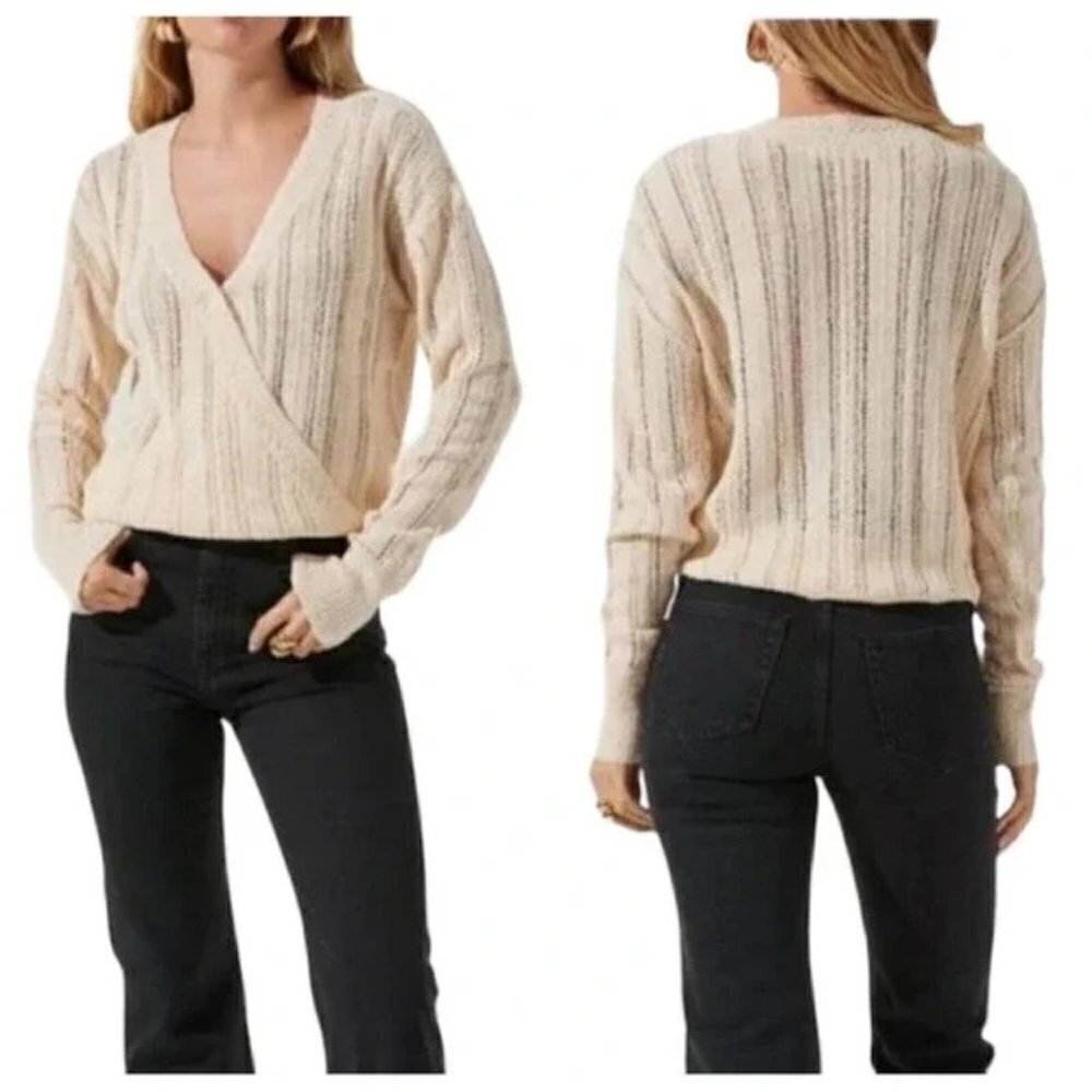 New ASTR Faux Wrap Pointelle Knit Long Sleeve Sweater Top Pullover Cream M